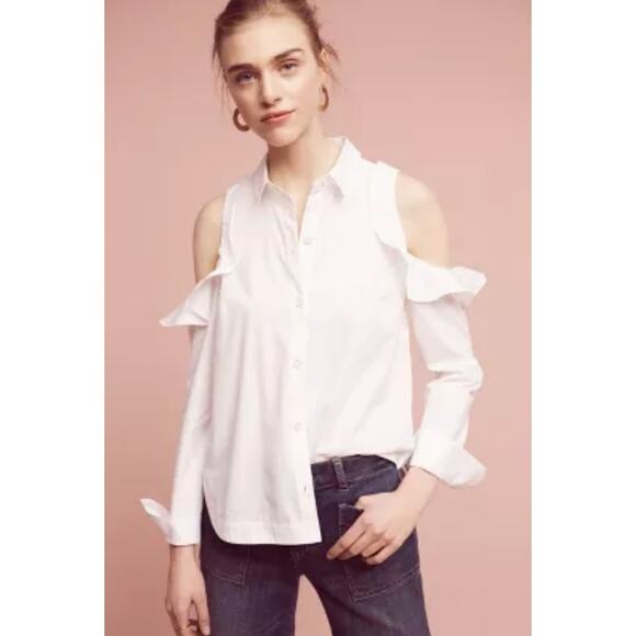 Maeve Anthropologie NWT Ruffle Open-Shoulder Poplin Blouse S - Picture 1 of 9